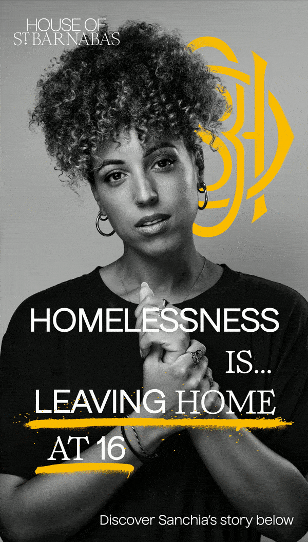 Image of a woman with text showing "Homelessness is leaving home at 16"